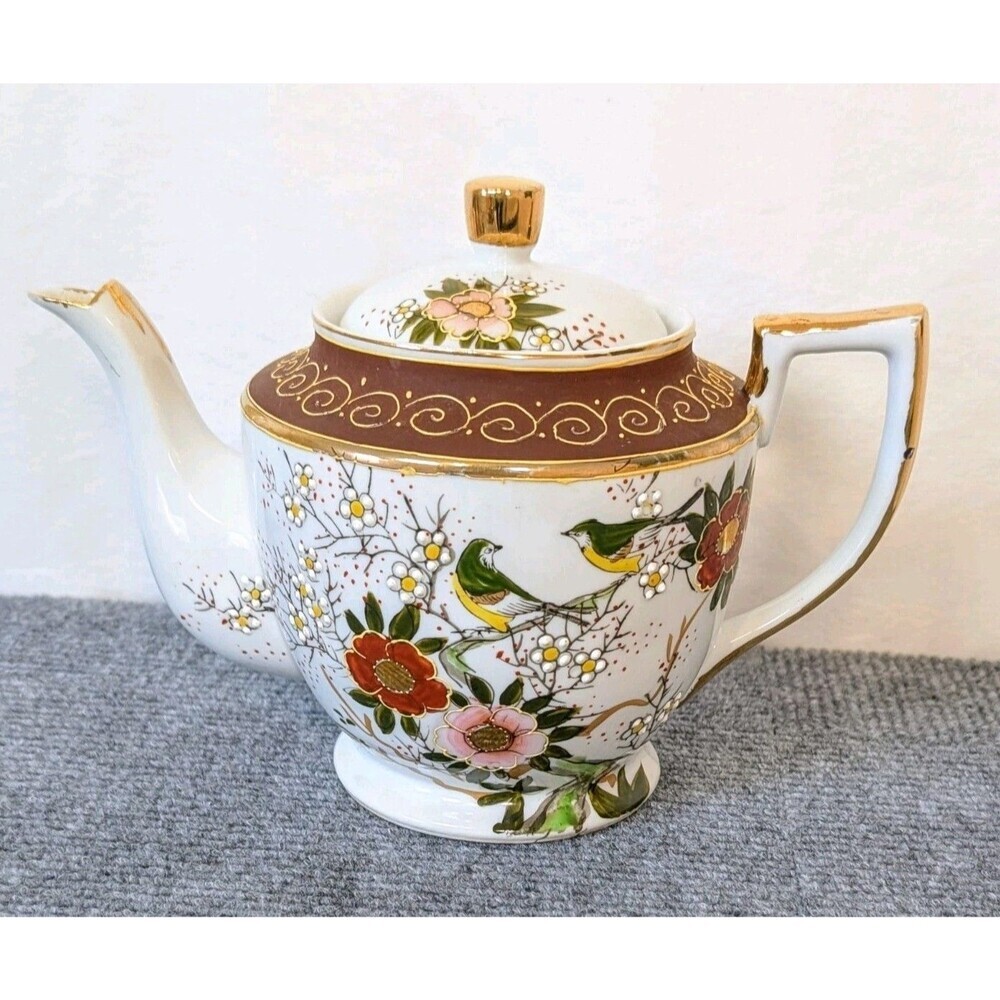 Vintage Japanese Teapot Flowers Birds Hand Painted Porcelain Made in Japan